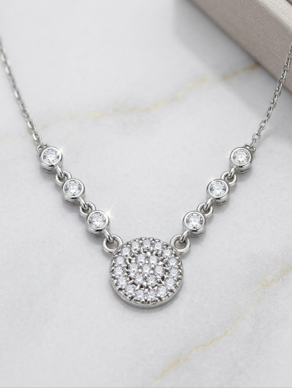 925 Sterling Silver Rhodium CZ Pavé Bezel Circle Disc Medallion Collar Necklace